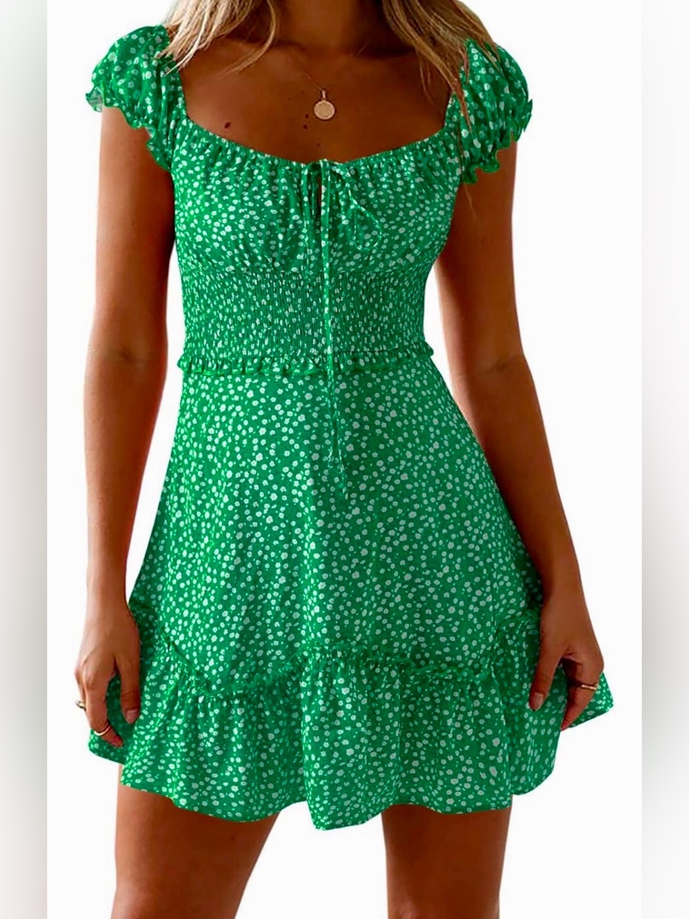 Valphsio Green Floral Smocked Mini Dress Tie Front Ruffle Boho XL (NWOT)